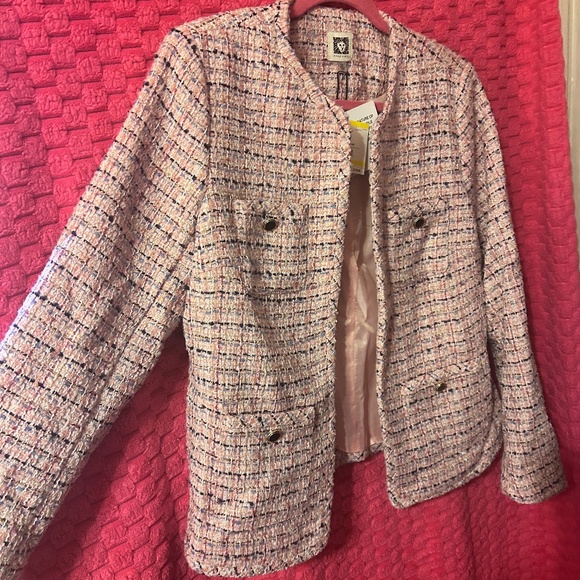 Anne Klein Pink Button Collarless Tweed Jacket with Patch Pockets - Picture 5 of 5